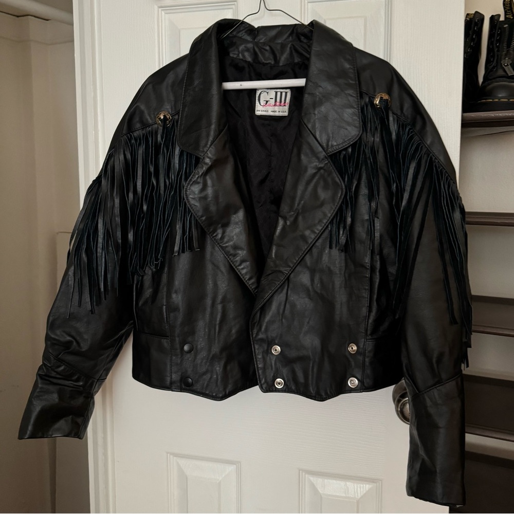 Vintage Leather Jacket - Gold Button & Fringe